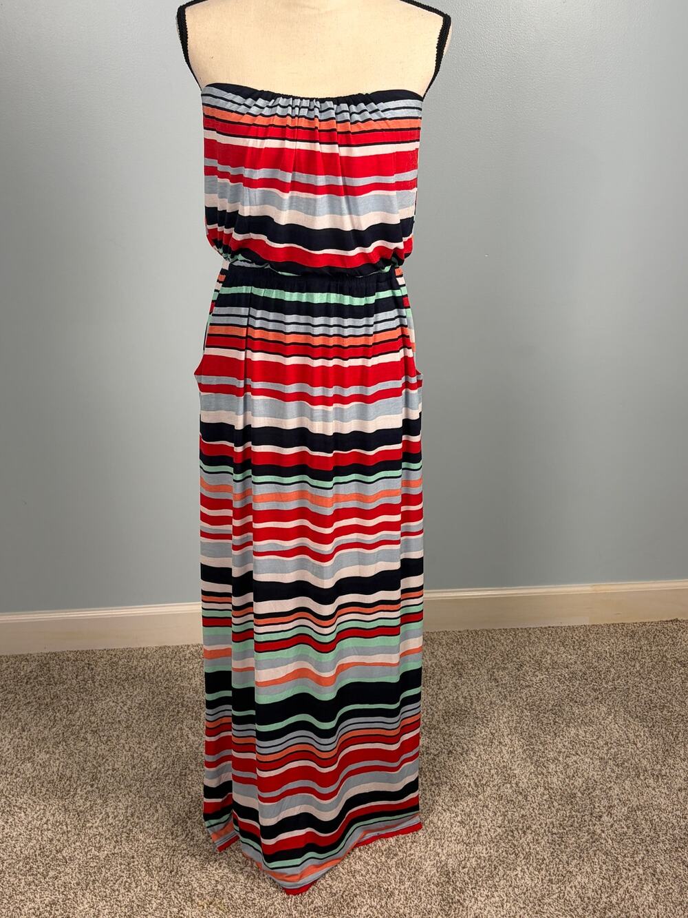 Colorful Striped Strapless Maxi Dress Cruise Resort Vacation Coastal L